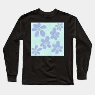 Blue and White Floral Daisies Flower Design Long Sleeve T-Shirt